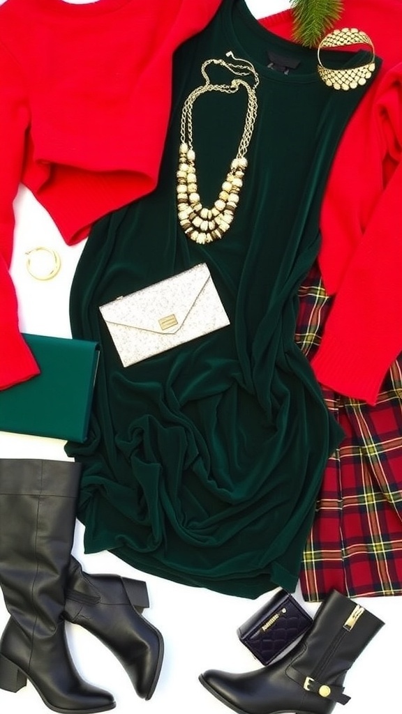 Stylish Christmas Outfit Ideas for a Festive Aesthetic Flat lay of stylish Christmas outfits with accessories and shoes.